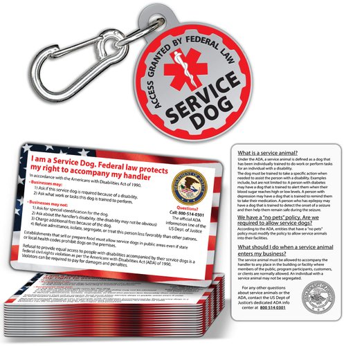 Service Dog ID Tag + 50 ADA Information Cards - Metal Dog Tag w/Clip is Double-Sided and Durable for Service Animal Vest, Blind Dog. Service Dog Information Cards are 2-Sided.