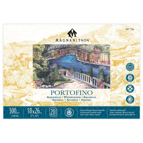 Magnani 1404 Portofino Hot Press 100% Cotton Watercolor Paper Block, 20 Sheets, 7x10", 140 lb, Acid-Free, UV Resistant, Vegan Sized Water Color Paper for Artists, Made in Italy