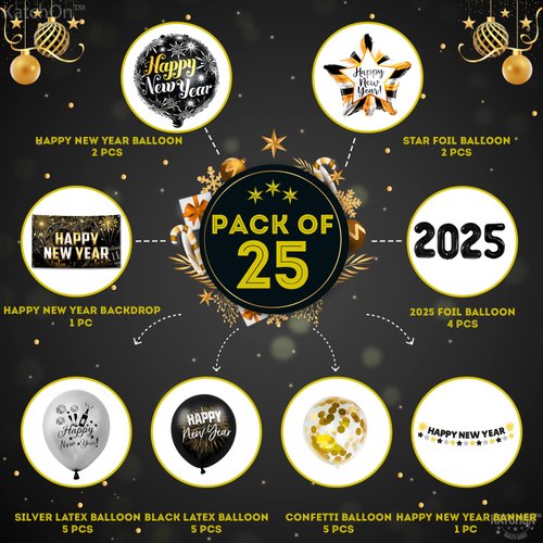 KatchOn, New Years Eve Party Supplies 2025 Set - Big, Pack of 25 | Black and Gold Happy New Year Banner, 2025 Balloon Numbers, New Year Foil Balloons | NYE Decorations 2025, New Years Decorations 2025