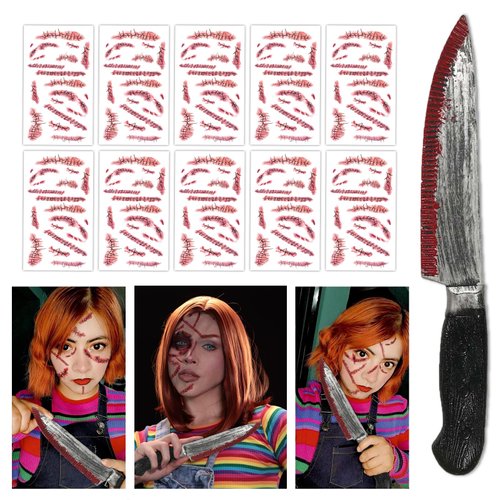 Chuckys Makeup Kit Halloween Chuckys Scars Tattoo Fake Knife Prop Stitches Face Scars Temporary Tattoo Chuckys Halloween Costume Accessories for Women Adult