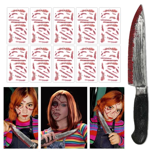 Chuckys Makeup Kit Halloween Chuckys Scars Tattoo Fake Knife Prop Stitches Face Scars Temporary Tattoo Chuckys Halloween Costume Accessories for Women Adult