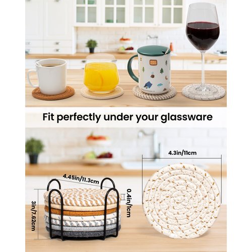 Crafizon 8 Pcs Drink Coasters with Holder, 8 Colors Absorbent Coasters for Drinks Minimalist Cup Coasters Cotton Coaster Set Woven Coasters for Coffee Table Home Decor Bar Housewarming Gift, 4.3 Inch