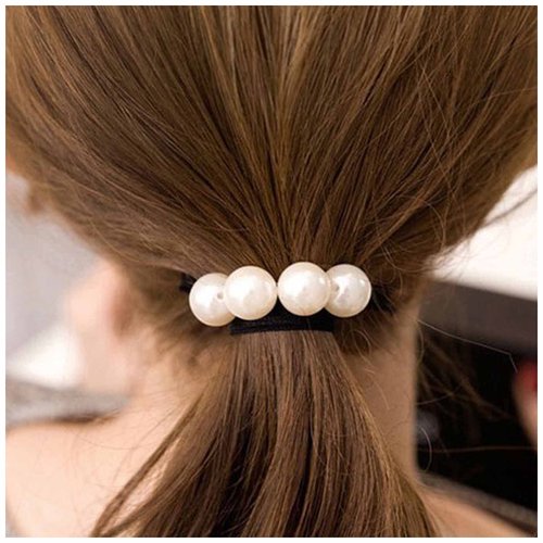 Yheakne Vintage Pearl Hair Tie Elastic Black Hair Rope Band Nylon Ring Hair Band Rope Ponytail Holder Pearl Hair Tie Accessories for Women and Girls Gifts (Black C)