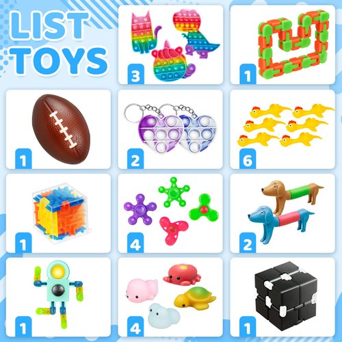 (100 Pcs) Fidget Toys Pack, Party Favors Stress Relief & Anxiety Relief Sensory Toy， Classroom Prizes Pinata Filler Treasure Box，Stocking Stuffers Gifts for Kids Boys Girls Teens