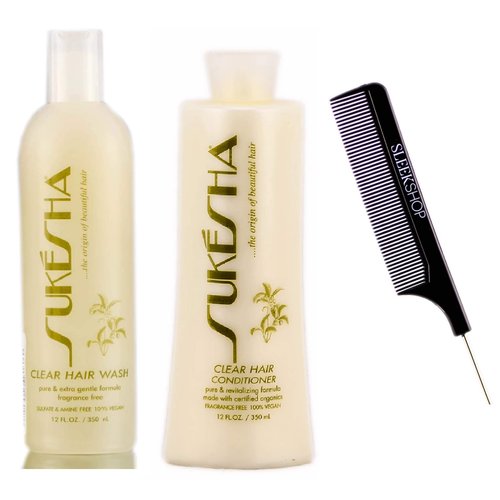 Sukesha Clear Hair Wash Shampoo & Clear Hair Conditioner DUO Set (w/Sleek Comb) Gentle Formula, Fragrance-Free, 100% Vegan (12 oz + 12 oz DUO KIT)