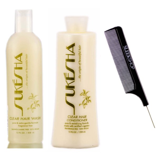 Sukesha Clear Hair Wash Shampoo & Clear Hair Conditioner DUO Set (w/Sleek Comb) Gentle Formula, Fragrance-Free, 100% Vegan (12 oz + 12 oz DUO KIT)