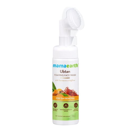 MAMAEARTH Ubtan Detan Foaming Face Wash with in-built Brush | Gentle Hydrating Facial Cleanser for Tan Removal | with Turmeric & Saffron Extract | 5.07 Fl Oz (150ml)