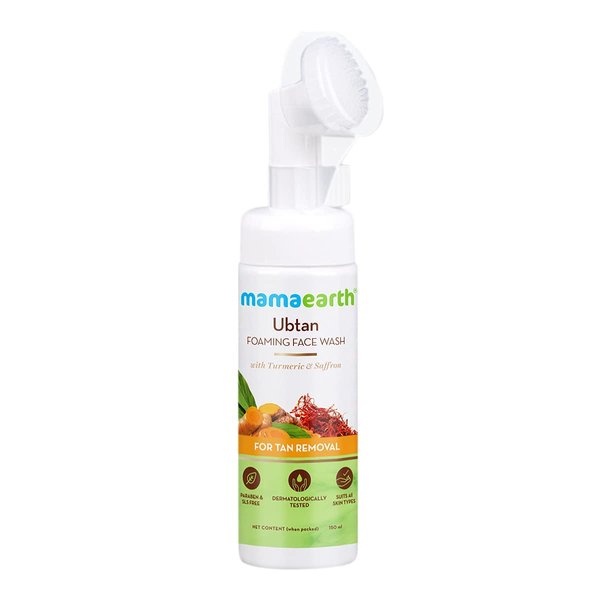 MAMAEARTH Ubtan Detan Foaming Face Wash with in-built Brush | Gentle Hydrating Facial Cleanser for Tan Removal | with Turmeric & Saffron Extract | 5.07 Fl Oz (150ml)