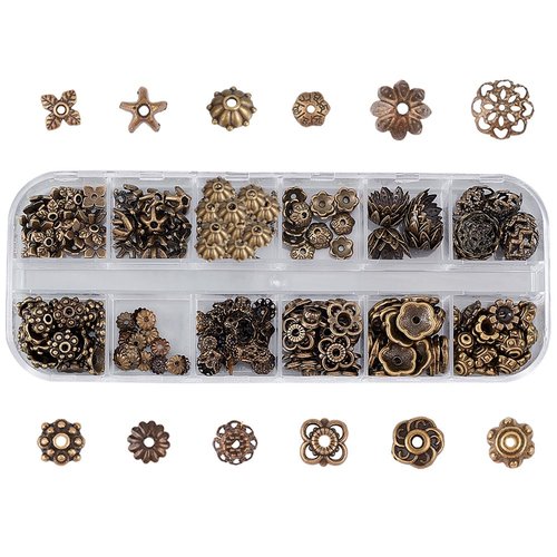 SUNNYCLUE 1 Box 240Pcs 12 Styles Spacer Beads Caps Bulk Vintage Style Antique Bronze Flower Bead Caps Alloy Metal Loose Spacer Flower Bead Cap for Jewelry Making End Caps Beads Assortment Fixed Mixed