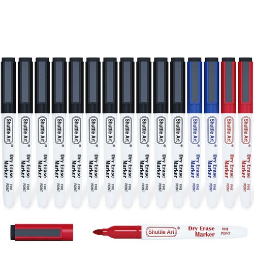 Shuttle Art Dry Erase Markers, 15 Pack 3 Colors Magnetic Whiteboard Markers with Erase, Fine Point Dry Erase Markers for Writing on Whiteboard Glass Mirror for School Home Office(11 Black 2Blue