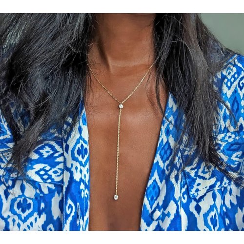 14k Vermeil Dainty Drop Y Lariat Necklace with Diamond, Gold Drop Necklace, Gold Necklace Formal Wedding Guest Jewelry for Women, Womens Necklaces Trendy (Gold, Double CZ Lariat)