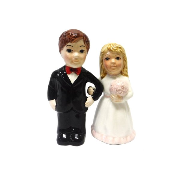 Bride and Groom Pink Rose Magnetic Salt and Pepper Shakers