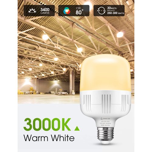 LOHAS Super Bright Light Bulbs, 250-300W Equivalent, 3400LM E26 Garage LED Bulb, 3000K Soft White, 30 Watt High Lumen LED Bulb, w/E39 Adapter for Commercial Warehouse Workshop Factory Backyard, 2 Pack