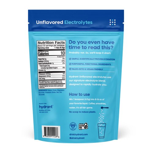 HYDRANT Bulk Unflavored Electrolytes, Fast Acting Hydration with Zero Sugar, Extremely Subtle Taste, Electrolyte Drink Mix (50 Servings, Unflavored)