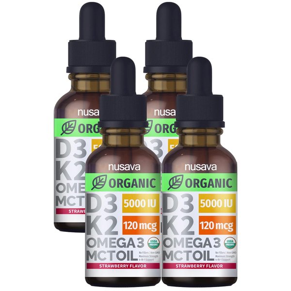 (4 Pack) Organic Vitamin D3 K2 Drops w MCT Oil Omega 3, 5000 IU, Maximum Strength Vitamin D Liquid 5000 IU, No Fillers, Non-GMO Liquid D3 for Faster Absorption, Immune Support (Strawberry, 2 Fl Oz)