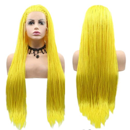 Micro Braided Lace Front Wigs for Black Woment Yellow Box Braid Hair Wig Long Synthetic Hair Wig Frontal Lace Glueless Heat Resistant Fiber Hair for Cosplay Party Use 28inches