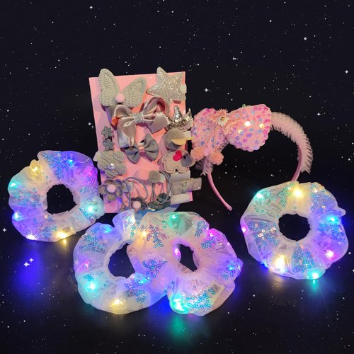 MUYANN 23pcs Hair Accessories Gift Set for Girls, Ages 3-12, Includes Light-up Scrunchies, Headband, and Hair Clips; Perfect for Birthday or Glow-in-the-Dark Party Favors