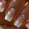 24Pcs French Tips Press on Nails Short Square Fake Nails Acrylic Nails White False Nails with Star Glitter Design Glossy French Nude Glue on Nails Stick on Nails for Women and Girls Nail Decorations