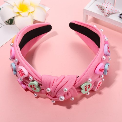 Valentine’s Day Heart Headbands for Women Valentine’s Day Accessories Conversation Heart Knotted Headband Pink Red Rhinestone Wide Top Knot Headband Valentine Party Favors Gifts (Conversation Heart)