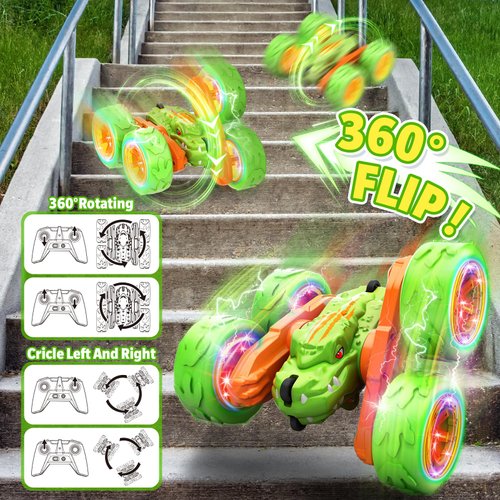 SpringFlower Remote Control Car Toy for Boys 3 4 5 6 7 8 Years Olds, Rechargeable Dinosaur RC Cars,360° Flip Double Sided RC Stunt Cars with Led Light,Dinosaur Toys for Kids Birthday Xmas Gifts,Green