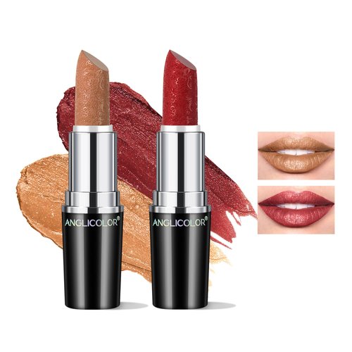 Anglicolor 2pcs Glitter Lipstick High Impact Lipcolor,Nude and Red Lipstick Moisturizing Creamy Formula,Metallic Lipstick For Women For Vegan & Cruelty-Free,Full-Coverage Lip Color