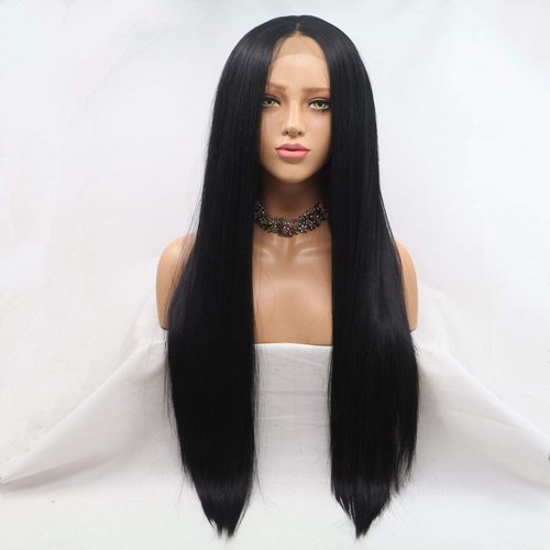 Lucyhairwig 180% Density Black Synthetic Lace Front Wig Long Straight Heat Resistant Fiber High Temperature Replacement Lace Front Wigs For Women Daily Makeup Wigs 24inch