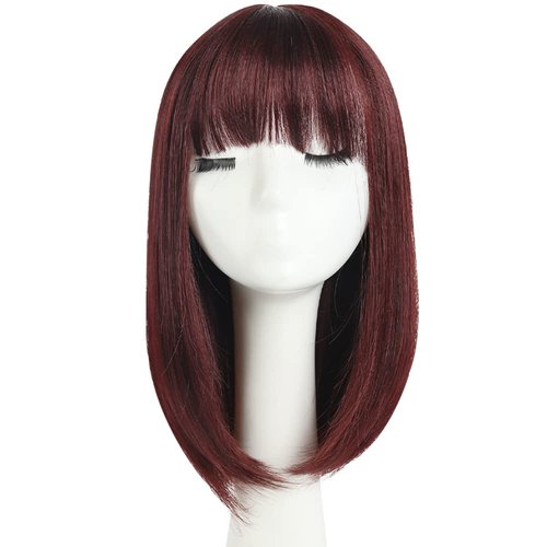 HSPJHTM Bob Wig, Purple Short Wigs Flame Retardant 14" Straight Silky Fluffy Womens Hair Wigs Synthetic Black Wig With Bangs Girl Cosplay Colorful Women Daily Much Colors (Free Wig Cap)