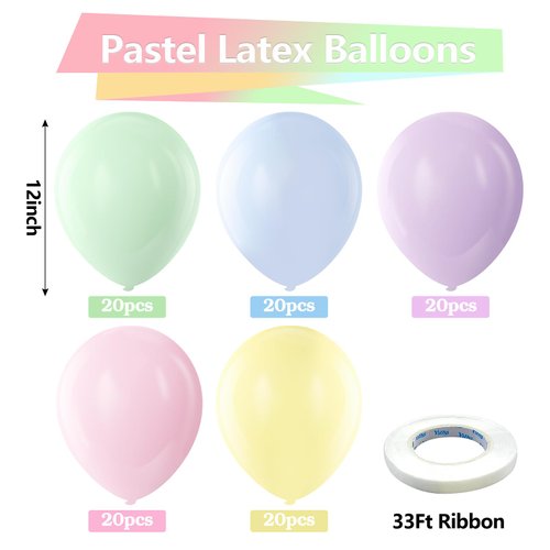 Bezente Pastel Balloons Latex Party Balloons, 100 Pack 12 inch Round Helium Multicolor Macaron Balloons for Birthday Rainbow Party Baby Shower Wedding Decorations