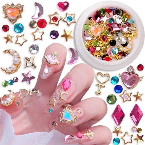 Dornail Mixed 3D Star Moon Colorful Nail Charms, Heart Nail Rhinestones Alloy Nail Charm Nail Gems Charms for Nails Geometry Rhinestone Nail Decorations for Nail Art Jewelry Nail Kit,1 Box