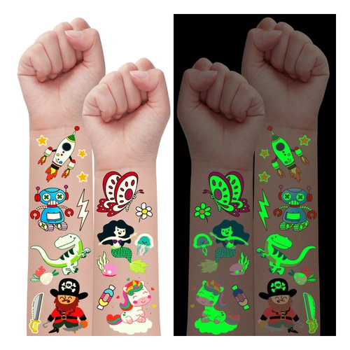 Partywind 380 Styles Glow Temporary Tattoo Stickers for Kids, Luminous Party Supplies Favors for Boys and Girls Include Dinosaur/Mermaid/Pirate, Birthday Goodie Bag Stuffers (30 Sheets)