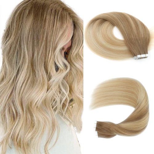 Sassina Tape in Hair Extensions Ombre Color Ash Brown to Dark Honey Blonde and Platinum Ash Blonde 14 Inch Remy Human Hair Tape in Extensions 50 Gram 20 Pac Per Set