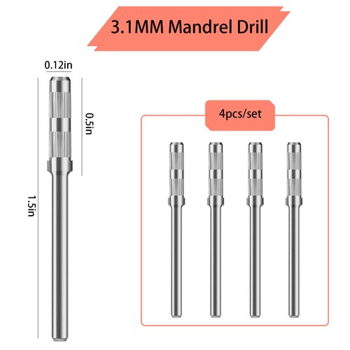 ERUIKA 4pcs Small Mandrel Bits, 3mm Mini Mandrel for Nail Sanding Bands 3/32'' Shank Electric Drill File Machine Manicure Accessory(Mandrel Bit)