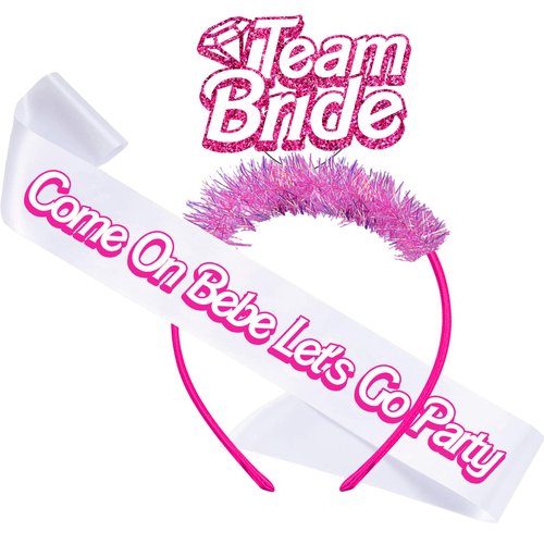 KARAQY Hot Pink Bachelorette Party Decorations, Hot Pink Glitter Team Bride Headband and Bridesmaid Sash for Bridal Shower Wedding Girls Night Party Favor Supplies