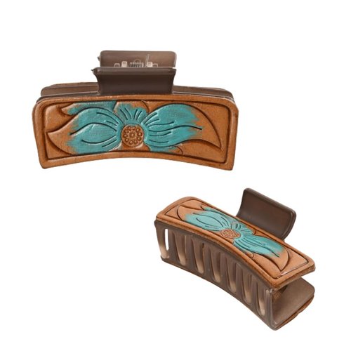 Merbaa Western Cowgirl Stuff Women's Leather Prairie Sunrise Claw clip 3.5" Rectangle Jaw Cowhide Hand Tooled Leather Patch Clips for Thick, Long, Short, Curly Hair Cowboy Fashion Claw Clip