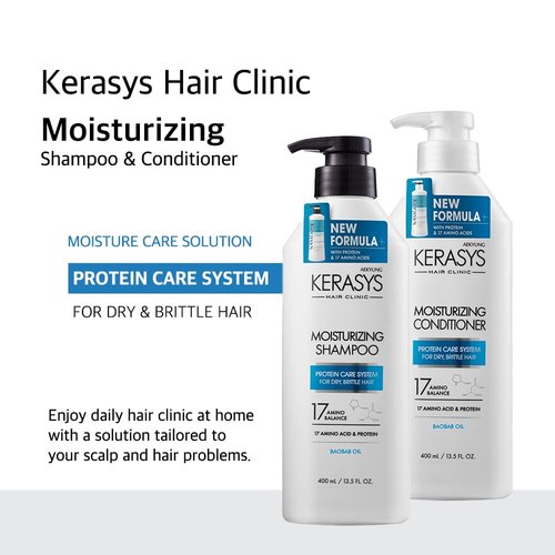 Kerasys Hair Clinic Protein Care System for Dry Brittle Hair Baobab Oil Moisturizing 13.5 fl oz / 400 ml (Shampoo + Conditioner Set)