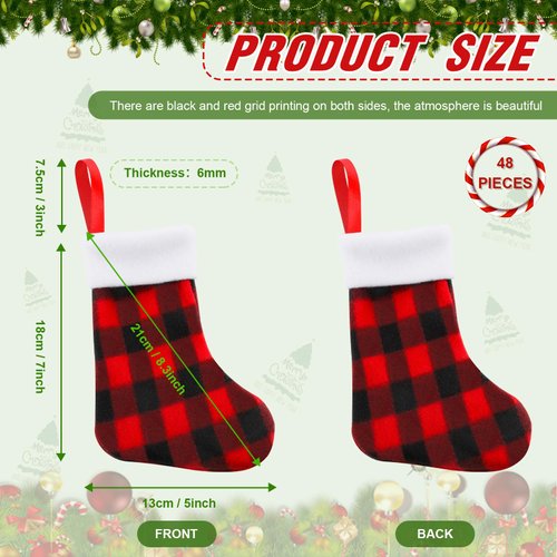 BBTO Plush Cuff Christmas Mini Stockings 7 Inch Buffalo Plaid Hanging Stockings Xmas Stocking Candy Holder Tableware Holders(Red and Black,48 Pieces)