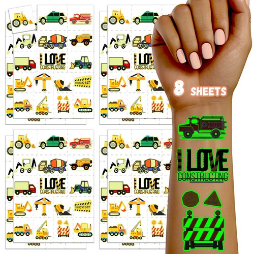 TatoYard 136 Styles+ Kids Temporary Tattoos for Party Supplies, Goodie Bags Stuffers Fillers, Glow Fake Tattoos for Party Favors Decorations/Toys/Games (Construction Birthday Party)