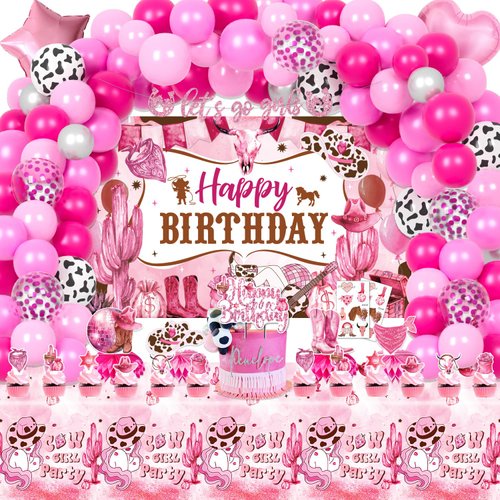 LXlucktim Disco Cowgirl Party Decorations, 128 Pcs Western Cowgirl Pink Horse Birthday Party Decorations Supplies for Girl - Backdrop, Toppers, Tablecloth, Centerpieces, Let's Go Girls Banner