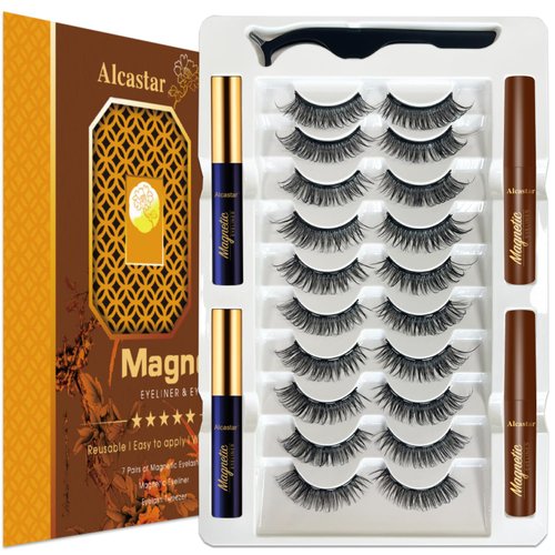 Alcastar Magnetic Eyelashes with Eyeliner Kit,Magnetic Lashes Natural Looking with, Long Lasting,Strongest Waterproof Liquid Liner,Cruelty Free,Lightweight,（2 black+2brown)
