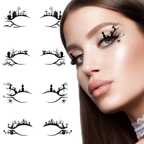 BASEMMAHER 4 Pairs Halloween Eyeshadow Stickers Eyeliner Spider Web Skull Bat Temporary Tattoo Decals Face Eye Makeup 3D Self-Adhesive Eye Shadow Stickers for Women Girls Halloween Masquerade Party