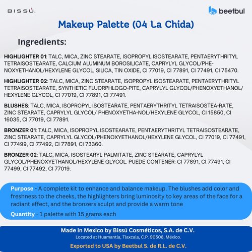 Bissú 6 colors Makeup Palette (4grms each color) includes 2 highlighters, 2 Bronzers, 2 Blushes (La Chida)