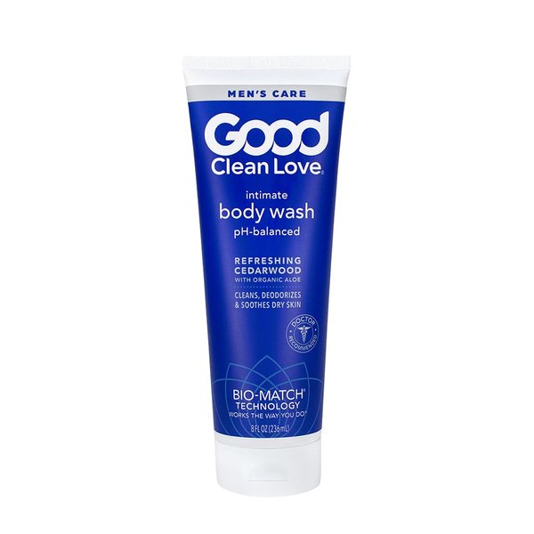 Good Clean Love Men's Care Cedarwood Intimate Body Wash 8 oz, 60% Organic Aloe for a Refreshing, Full-Body Cleanse, pH-Balanced and Safe for Daily Use on Sensitive Skin, Odor Blocking and Moisturizing, 8 Oz