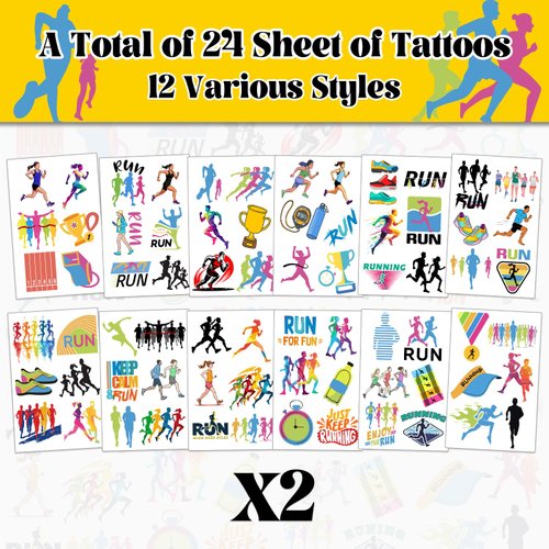 144 PCS Running Temporary Tattoos Stickers, Running Marathon Sport Party Favors Supplies Birthday Party Decorations Gifts for Runners Kids Teens Boys Girls, 24 Sheets
