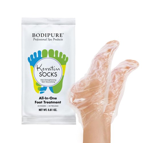 Bodipure All-In-1 Moisturizing Foot Mask | Keratin & Vitamin E Foot Mask for Dry Cracked Feet, Callus & Heel Softening | Easy-to-Use Pedicure Foot Repair | Chemical-free Feet Treatment | 12 Pairs