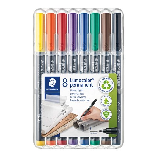 Staedtler Lumocolor Universal Pen, Fine, Felt Tip, Permanent Marker, Box of 8 Assorted Color Pens, 0.6mm 318 WP8, Multicolour, pack of 8 (318 WP8 ST)
