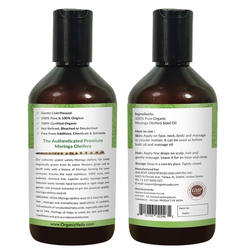 Organic Veda Moringa Oil - Pure Cold Pressed Organic Moringa Seed Oil - Natural Face Oil for Women, Moisturizing Hair Oil - Virgin Moringa Oleifera Oil for Skin, Body, Scalp Care & Nails - 16 fl.oz