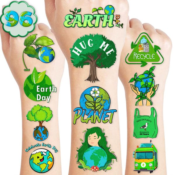 101 PCS Save The Earth Day Environment Zero Waste Fresh Temporary Tattoos Party Decorations Supplies Favors Globe Decor Eco Nature Word Stickers for Girls Boys Gift School Prizes Rewards