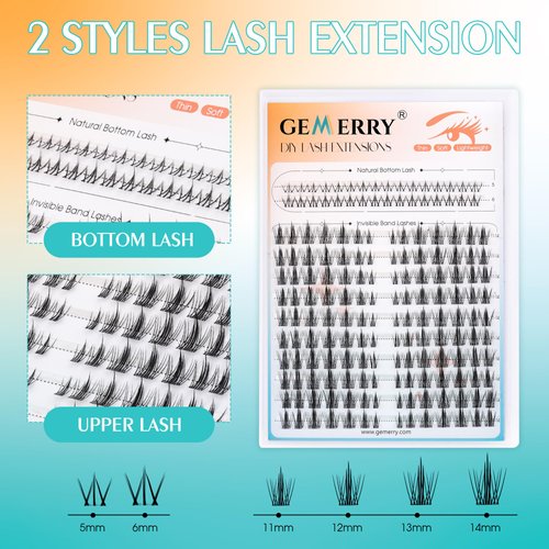 GEMERRY Lash Clusters with Bottom Lashes Natural Cluster Eyelash Extensions 11-14mm Cluster Lashes Wispy Lash Extension Clusters with 5-6mm Bottom Eyelashes DIY Eyelash Clusters for Self Use