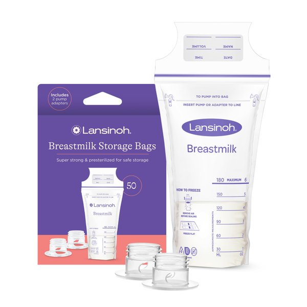 Lansinoh Breastmilk Storage Bags, 50 Count with 2 Pump Adapters, Easy to Use Breast Milk Storage Bags for Feeding, Presterilized, Hygienically Doubled-Sealed for Freezing & Refrigeration, 6 Ounce