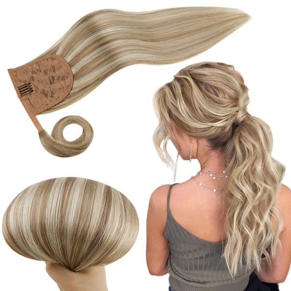 RUNATURE Ponytail Hair Extensions Human Hair 20 Inch 80g Straight Ponytail Human Hair Extensions with Clips Light Brown with Platinum Blonde Natural Wrap Around Ponytail Extension Long Hair Full Ends